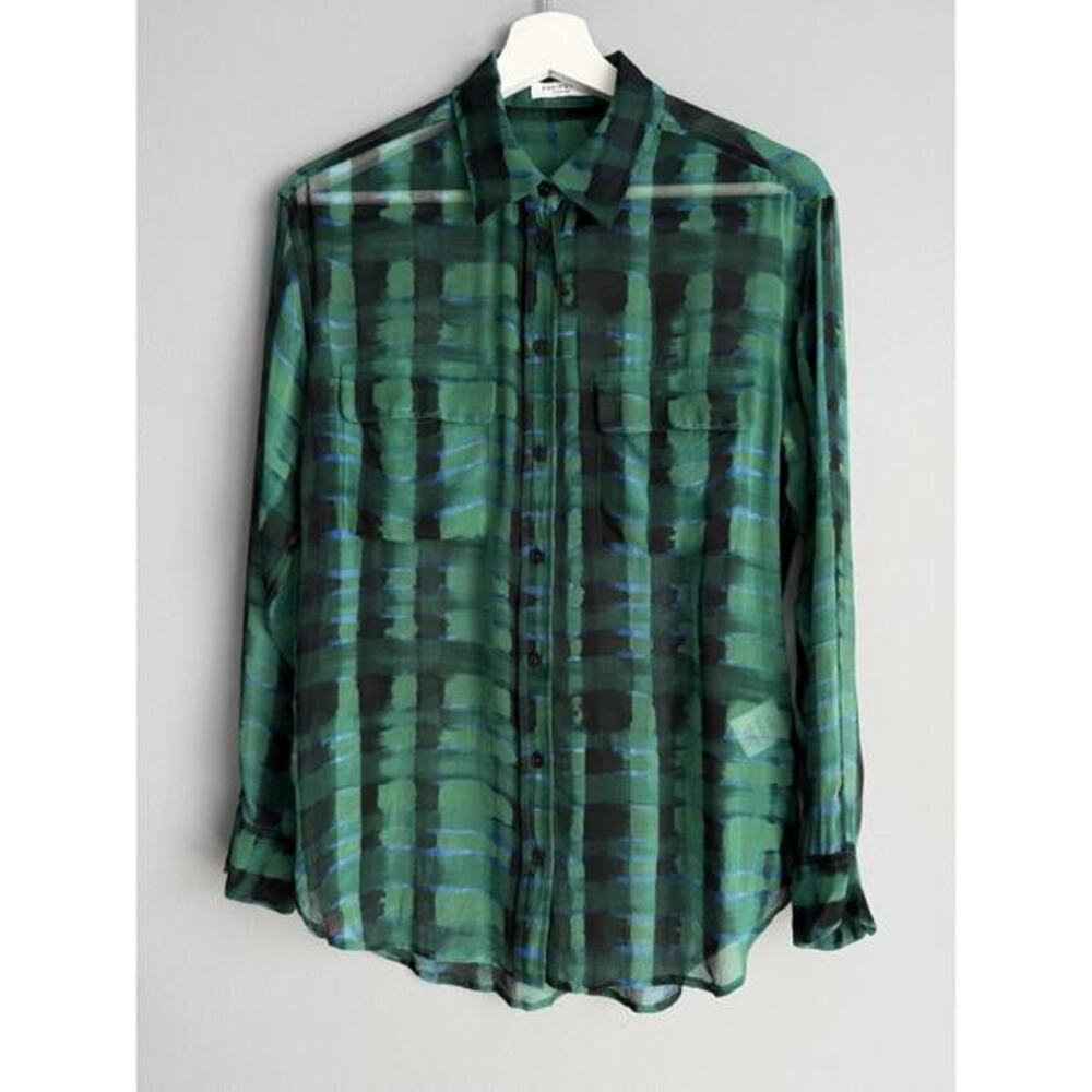 Equipment Femme Green Plaid Silk Blouse XS Button Down Designer Shirt Office